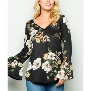 Acting Pro V Neck Black Floral Long Bell Sleeve Top S Women''s